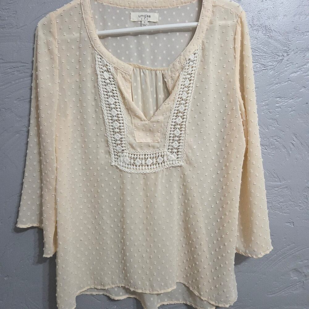 Umgee USA Woman's Light Pink with White Lace See Through Blouse size S